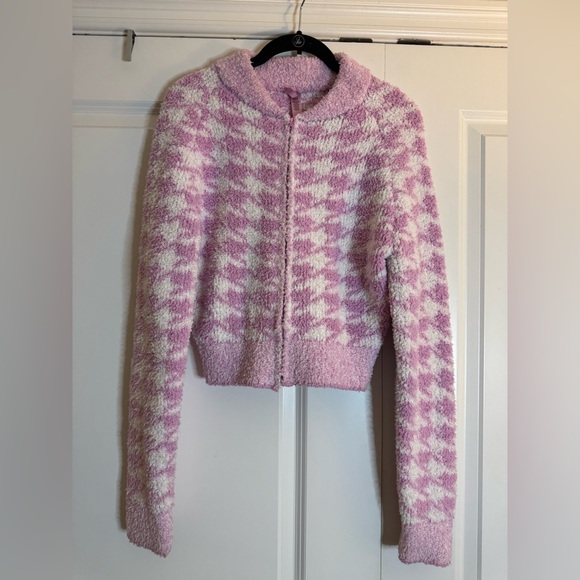 SKIMS Cozy Sweater Zip Up Petal Houndstooth‎ Pink Sz S/M - Picture 2 of 15